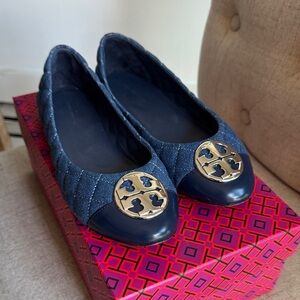 Tory Burch Denim Quilted Flats with Silver Emblem